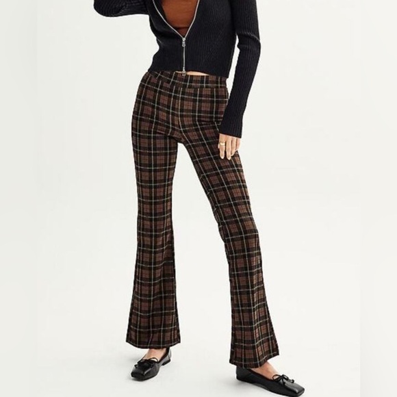 Retro High Rise Plaid Flare Pants Brown Black Ponte Knit Retro Y2K Size Medium - Picture 1 of 12